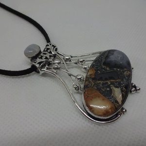 Gorgeous "BRECCIATED JASPER & MOONSTONE" Handmade Sterling Pendant/Bl.Leather